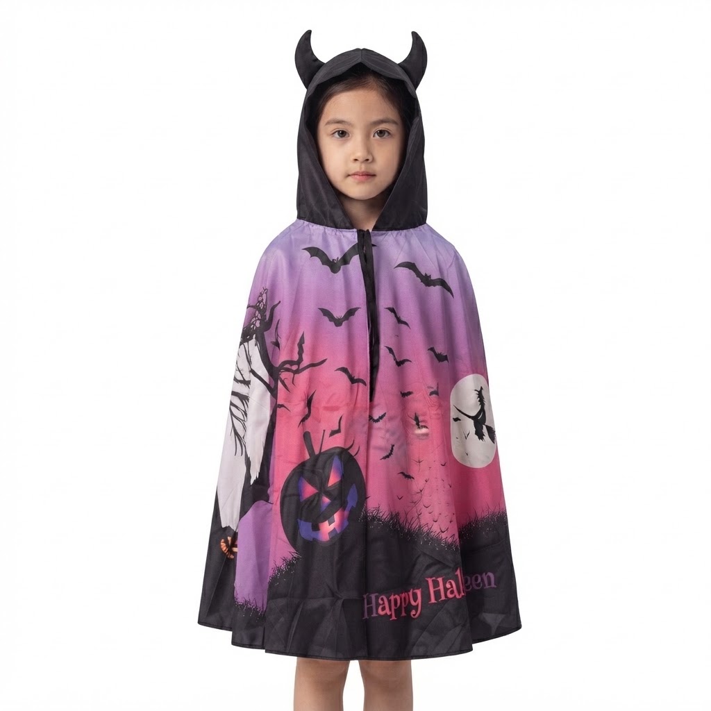 CAPA INFANTIL CON CAPUCHA Y CUERNITOS HALLOWEEN CAPA INFANTIL CON CAPUCHA Y CUERNITOS HALLOWEEN